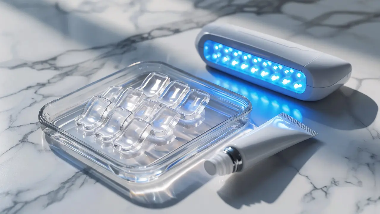 Moderní sada pro bělení zubů s pásky, gelem a LED světlem na mramoru