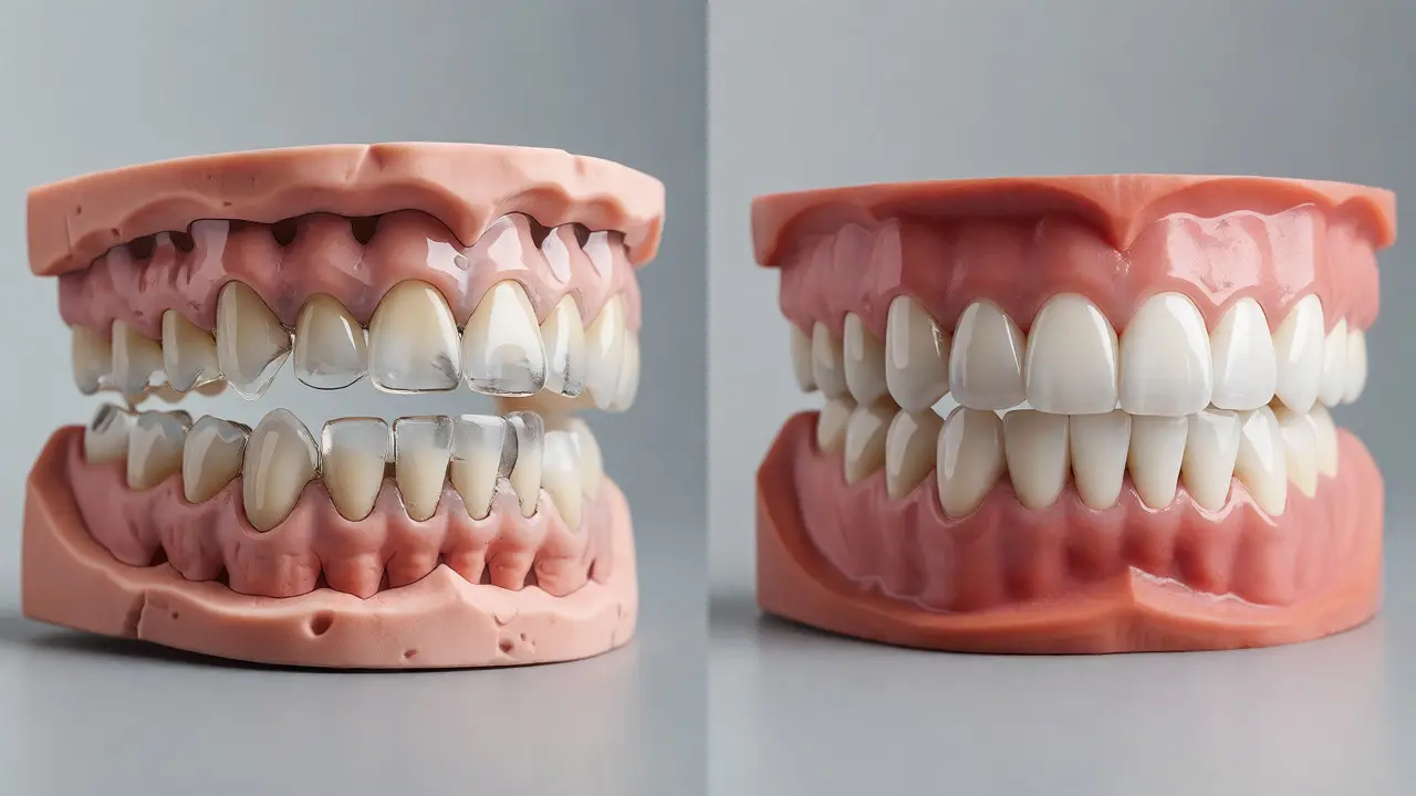 Porovnání plastového mock-up modelu s finálním rovným úsměvem po nalepení fazet.