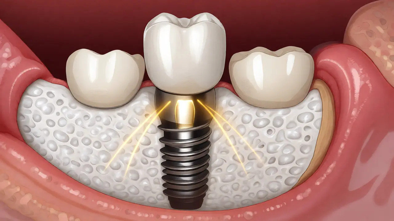 Řez zubním implantátem zaváděným do kostní tkáně