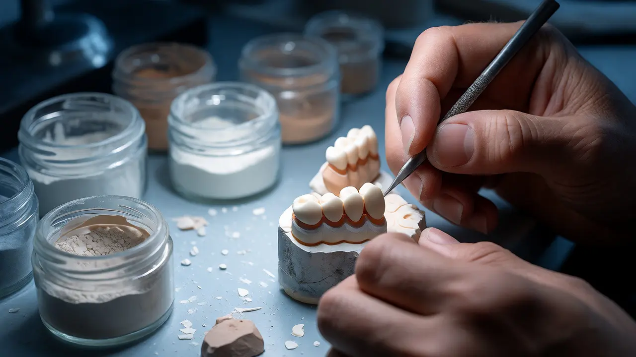 Ruce keramikáře vrstvící porcelán na zubní model v laboratoři