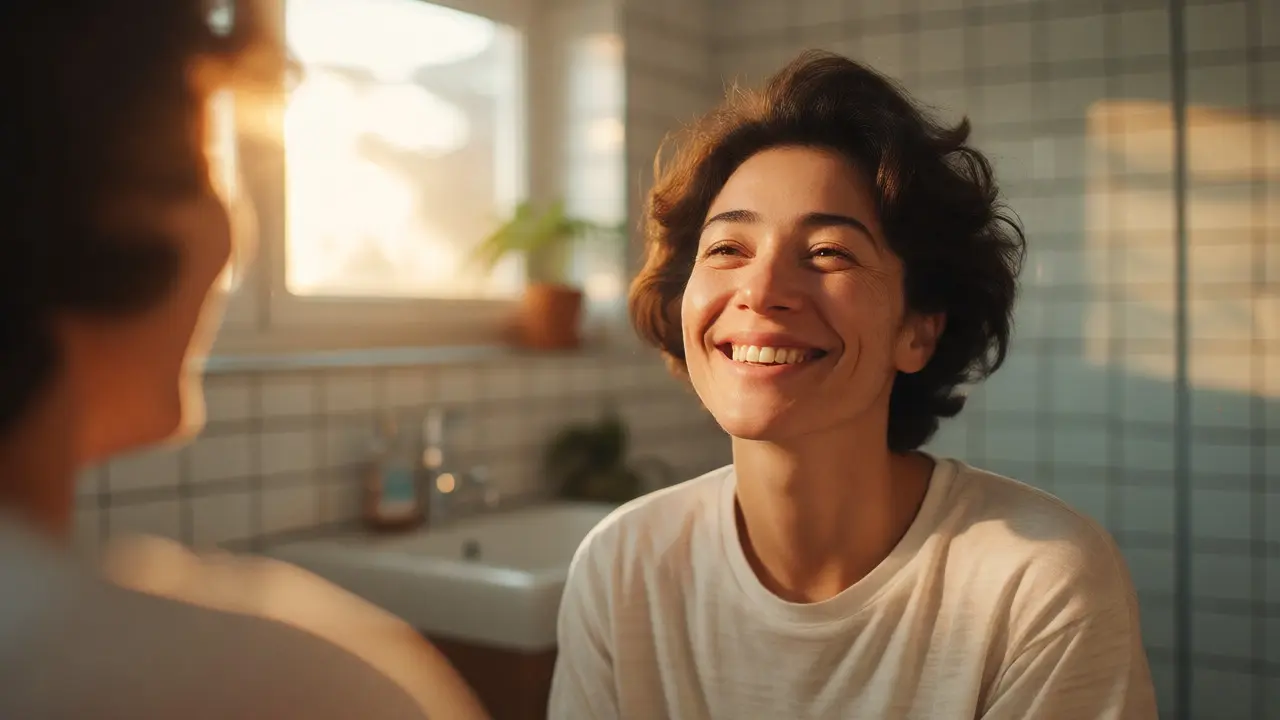 Spokojený pacient se sebevědomým úsměvem před zrcadlem