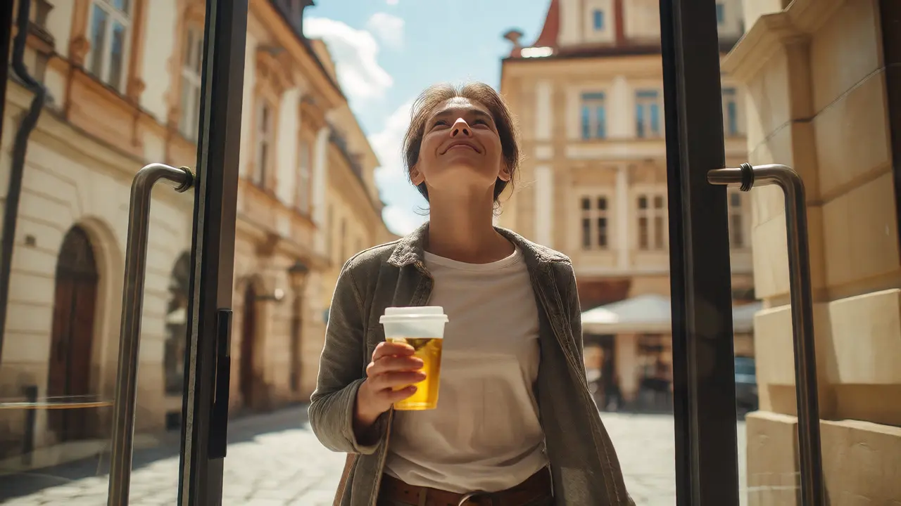 Ulevující pacient drží nápoj venku před ordinací po úspěšné návštěvě.