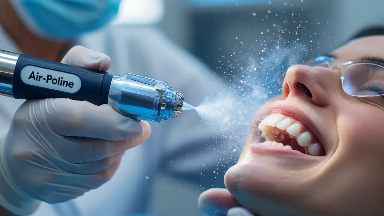 Zubní hygienista provádí šetrné Air-Polishing s glycinovým práškem na zubech pacienta.